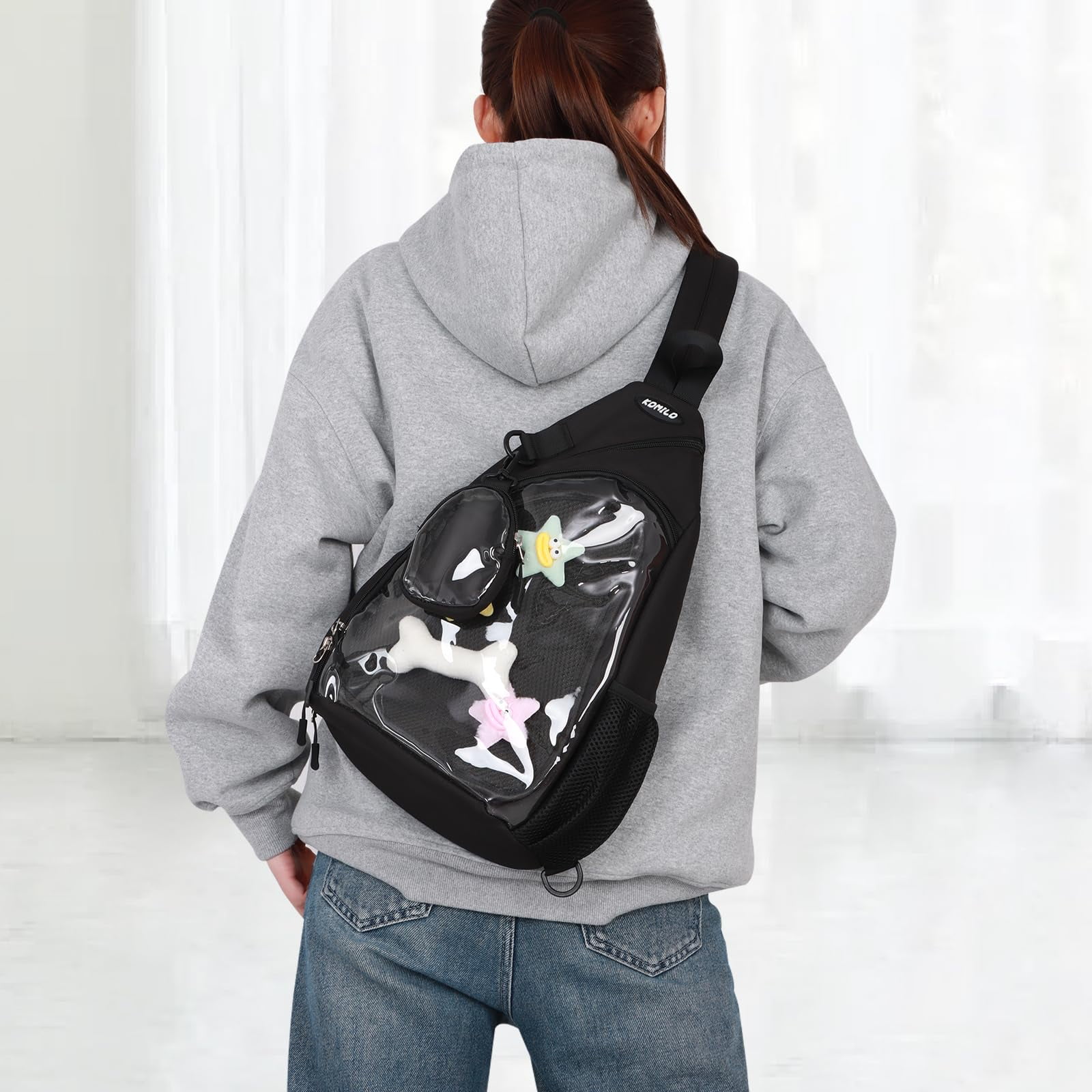 Cute Ita Bag for Men Women Kawaii Pin Display Backpack Fanny Pack Black Crossbody Hiking Day Pack