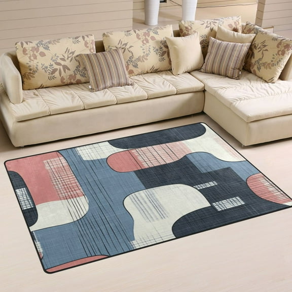 Non-Slip Area Rug 31"x20" Indoor Washable Floor Mats Carpet Printed for Living Room, Bedroom, Home Decor Blue and Pink Large Shapes