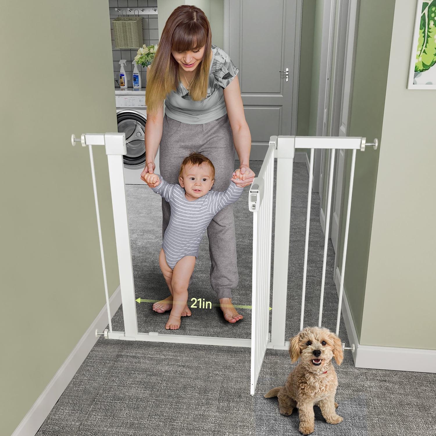 27-43" Baby Gate for Stairs, Dog Gate for Doorways, Pressure Mounted Self Closing Pet Gates for Dogs Indoor, Durable Safety Child Gate with Easy Walk Thru Door, White