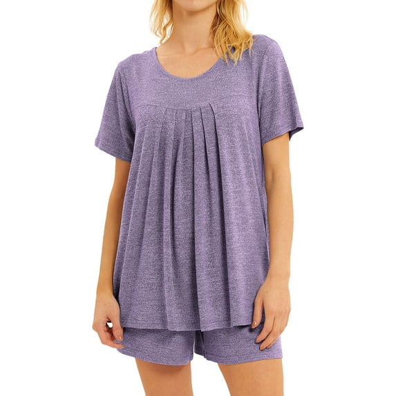 GESJQFZ Women Pleat Front Solid Color Round Neck Pajama Shorts Nightwear Set