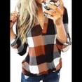 thumbnail image 1 of Blusas de Trabajo Básicas Informales para Mujer, con Cuello en V, Estampado A Cuadros, Puños y Larga. Naranja M, 1 of 7
