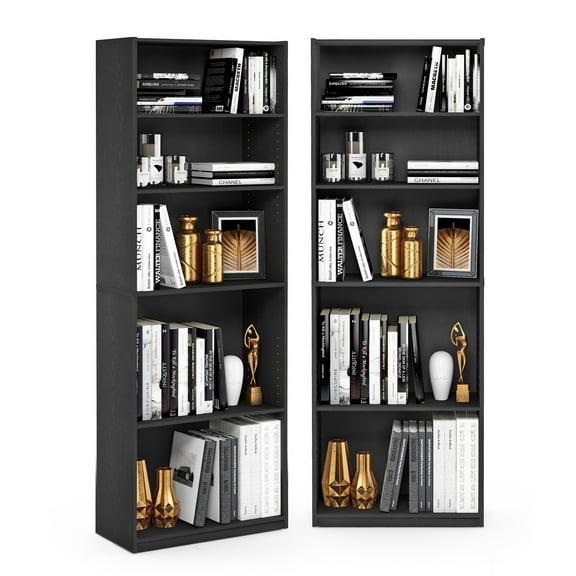 Furinno JAYA Set of 2 5-Tier Bookshelf with Adjustable Shelf in Black