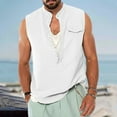 thumbnail image 2 of WREESH Men's Summer Cotton Linen Shirts Casual Sleeveless Henley Shirts Lightweight Beach Tank Tops with Pocket White, 2 of 5