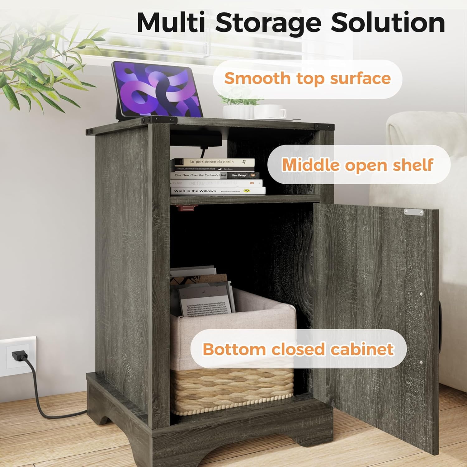 25" Tall Nightstand, Farmhouse Nightstand with Charging Station, Large End Table with Storage, Wooden Rustic Bedside Table for Bedroom