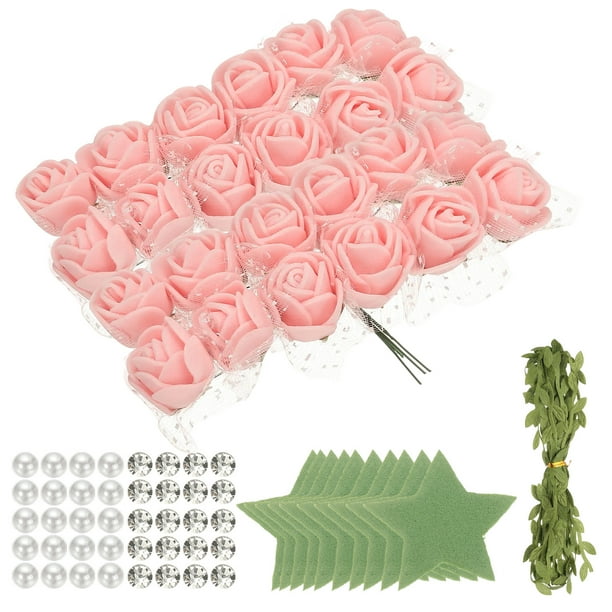 Uxcell 504pcs Cabezas de Rosa de Espuma 1" Flores Artificiales a Granel Sin Tallo con Hojas Perlas Diamantes para Manualidades DIY, Durazno
