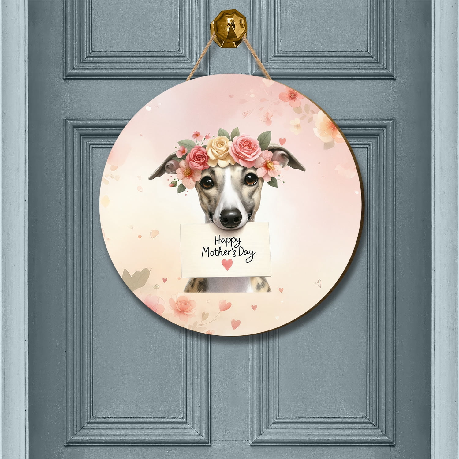 Happy Mother's Day Whippet with Flower Crown and Greeting Card Round Wood Sign Dog Lover Hanging Wall Home Decor - 13004