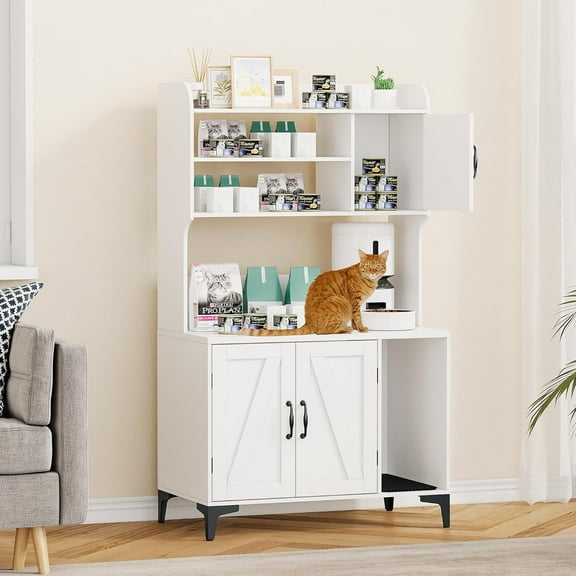IdealHouse Cat Litter Box Enclosure with Storage Shelves & Doors, Large Hidden Cat Litter Box Cabinet, Wooden Pet Washroom with Scratching Pad, Modern Litter Box Furniture, White