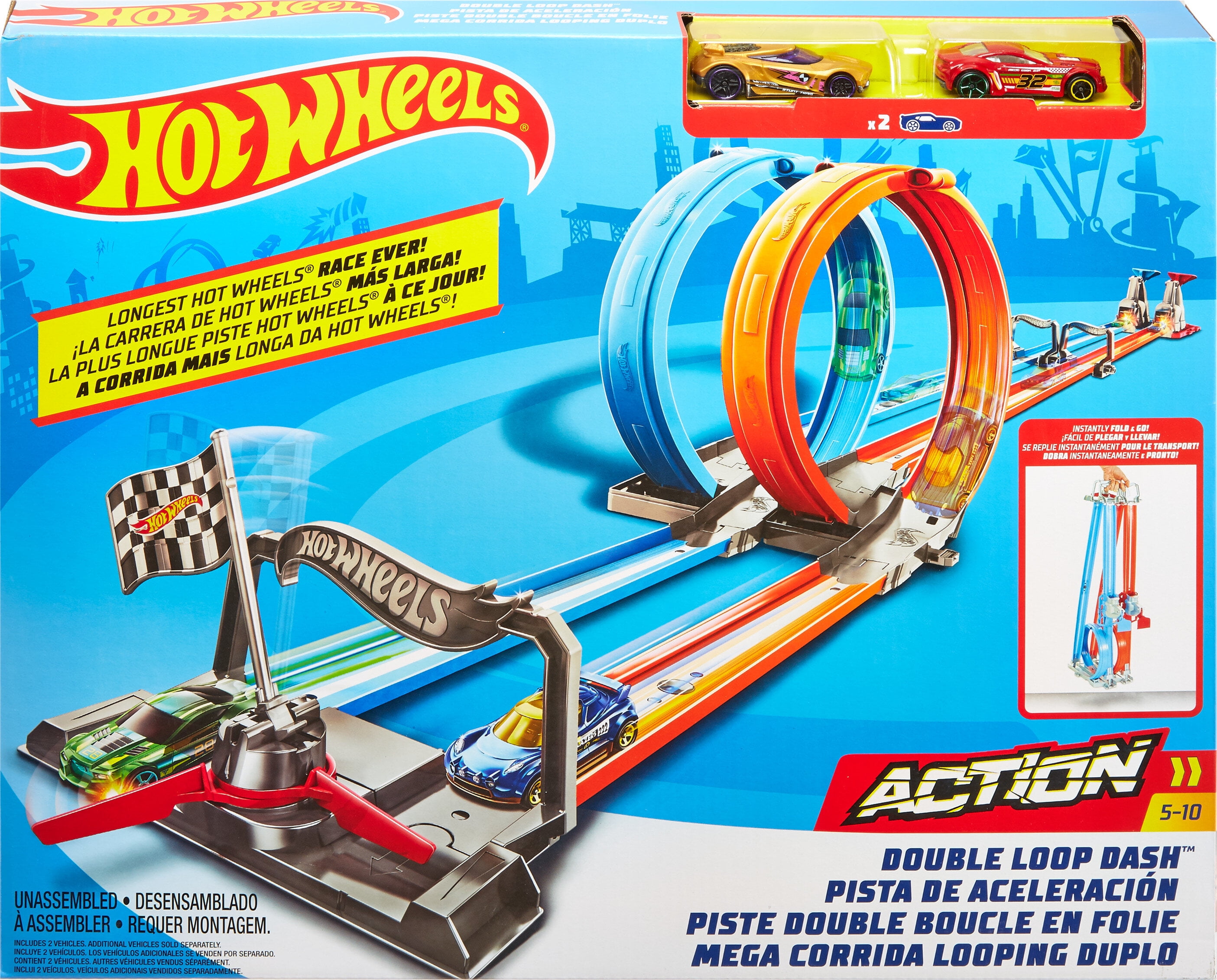 Hot Wheels Double Loop Dash Track Set with 2 Toy Cars in 1 64