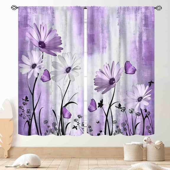 Purple White Daisy Curtains, Farmhouse Modern Flower Retro Floral Spring Butterfly Rural Country Style Seasonal Window Drapery for Living Room Bedroom Kitchen Bathroom 2 Panels, 84"x63" Inch