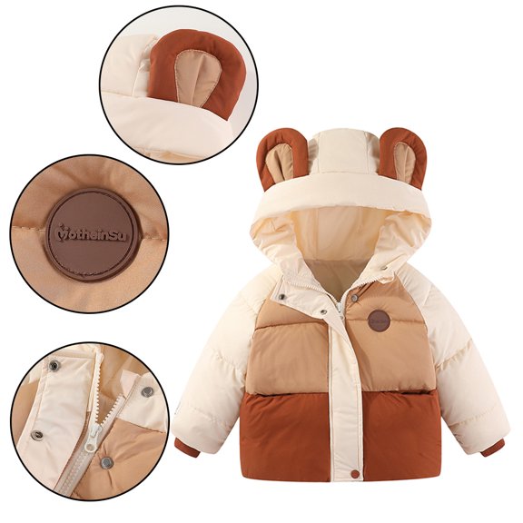 Esaierrr Baby Kids Ears Hooded Down Cotton Jacket for Boys Girls Cartoon Warm Cotton Coats 1-7Y Patchwork Warm Outerwear Long Sleeve Winter Down Coats