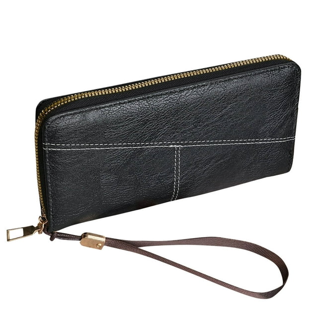 Zipper Wallet for Men, Long Style with Multiple Card Slots and Detachable Lanyard, Solid Black, All-Season Commuting Accessory