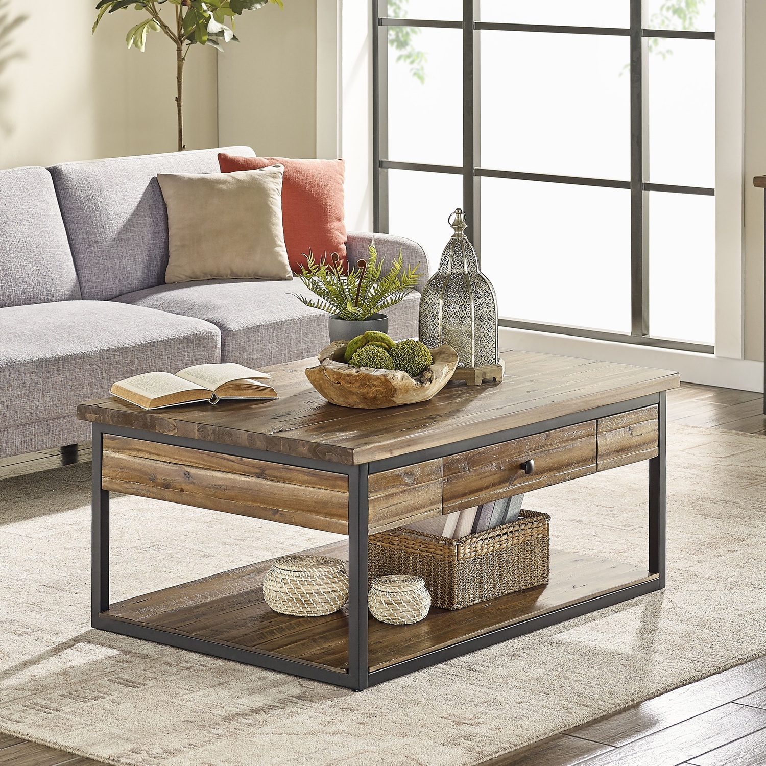 Alaterre Claremont 48"L Rustic Wood Coffee Table with Drawer and Low