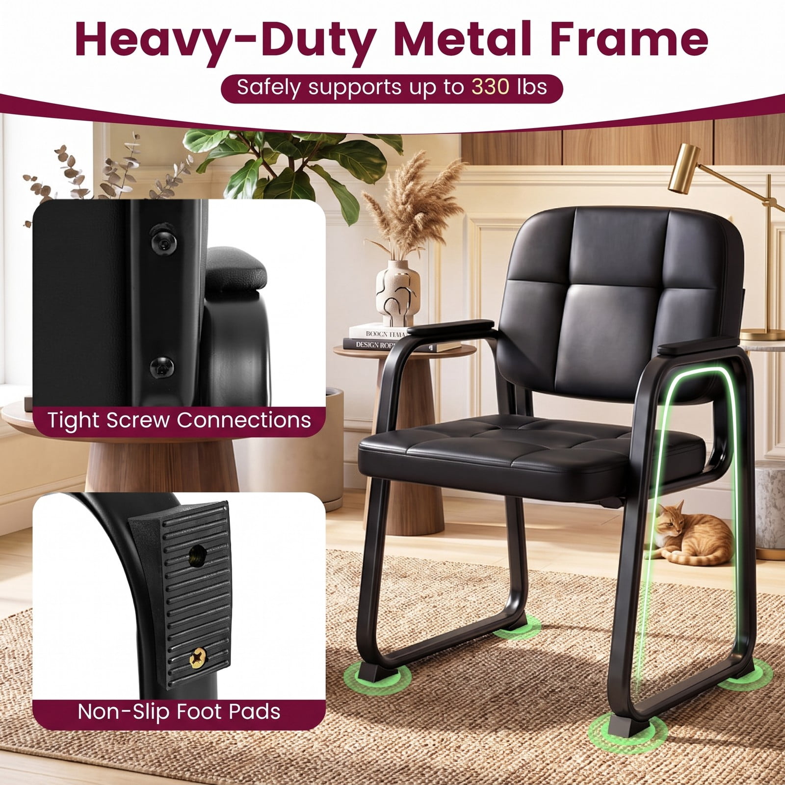 Furnibear Waiting Room Chairs Set of 2, PVC Leather Office Reception Guest Chairs with Padded Armrests, Ergonomic Backrest and Metal Frame for Meeting Room, Black