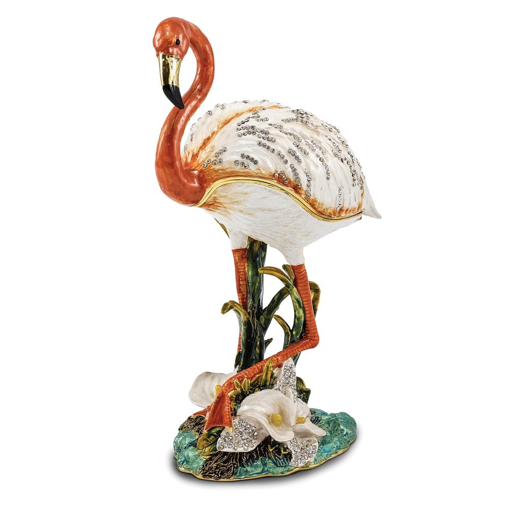 Flamingo Bird Jewelry Trinket Box with Hinged Lid Enamel Bejeweled Crystal Decor 