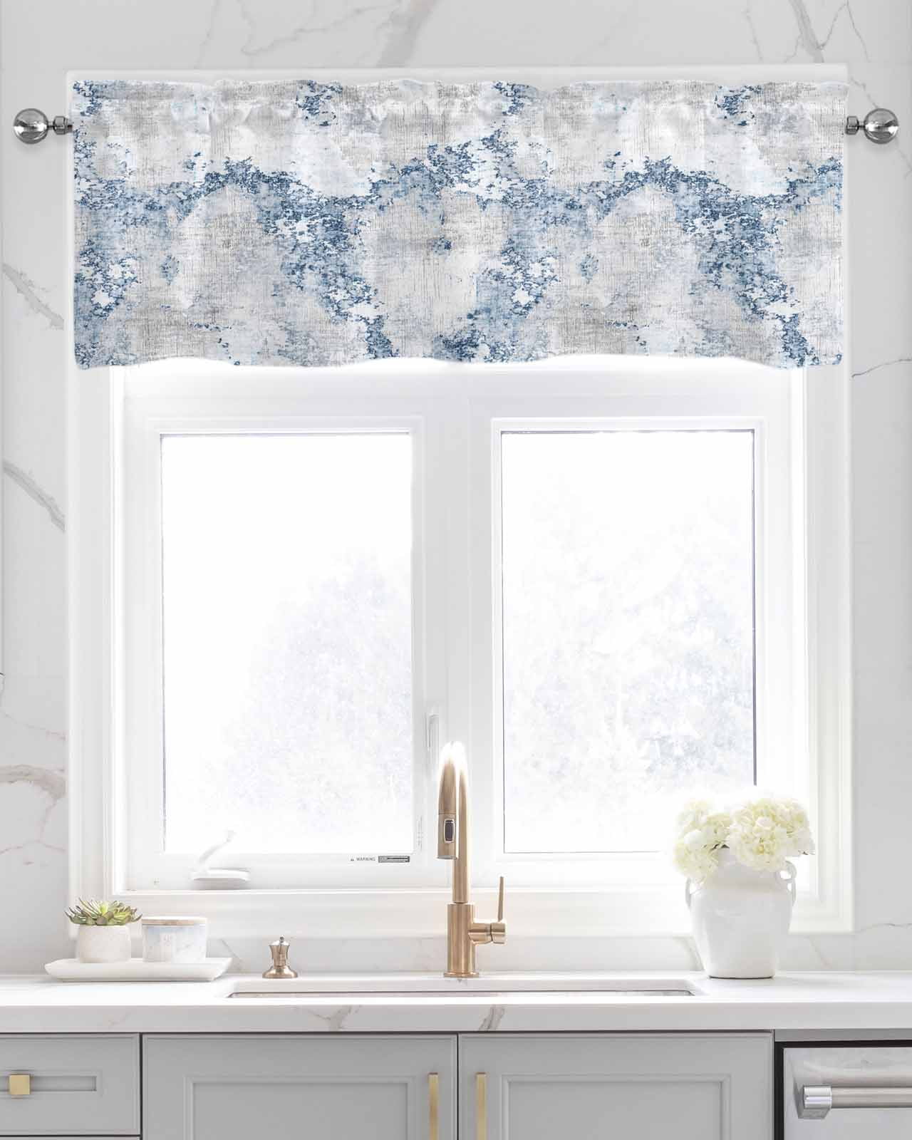 Blue Marble Linen Curtain Valance for Bedroom/Bathroom/Kitchen/Office/Living/Dining Room Window,Abstract Grey Gray Modern Minimalist Decor Pocket Topper Drapes Decorative Cafe Drapery Panel 42"x18"