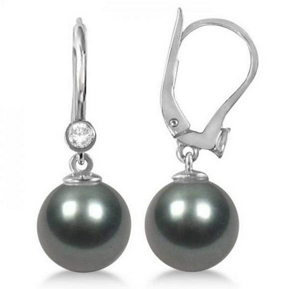 Tahitian Pearl and Diamond Leverback Earrings 14K White Gold 9-10mm