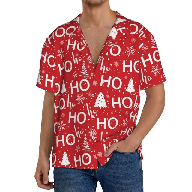 Fotbe Christmas Hohoho Camisa Estampada de Manga Corta para Hombre, Casual de Verano, Estilo Playero, Sin Arrugas-Large