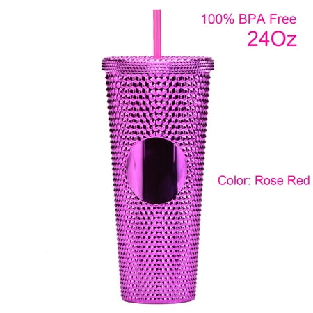 

Modwnfy 24 fl oz Studded Plastic Cups with Lids and Straws Double Wall Structure Plastic Tumblers Reusable Textured Venti Cup 100% BPA Free Rose Red