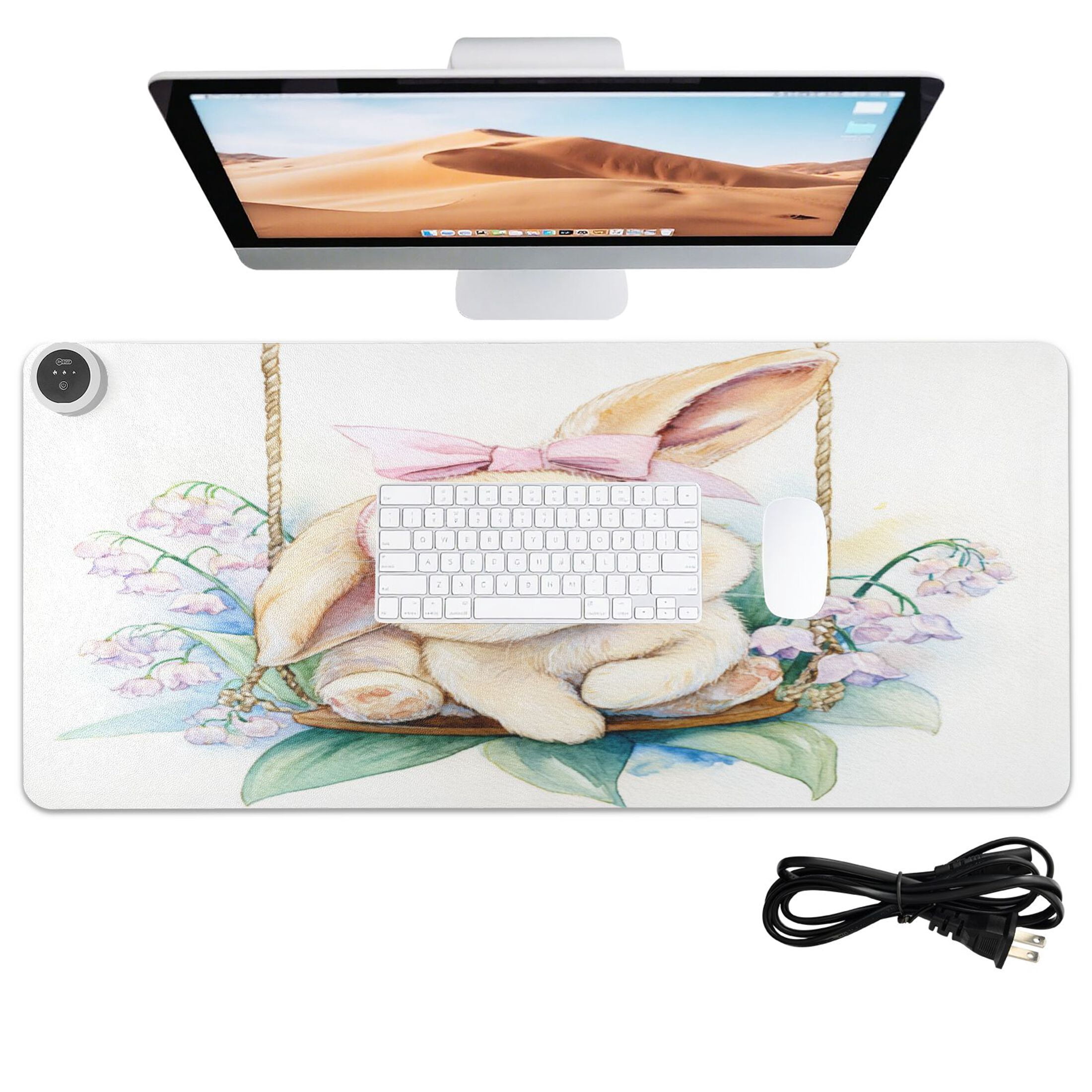 Large Heated Desk Mat Mouse Pad 31.5"x13"PU Leather Graphene Heating Desk Warmer with 3 Temperature Settings 110V US Plug Non-Slip Warm Pad for Home, Office, and Gaming Spring Bunny with Flowers