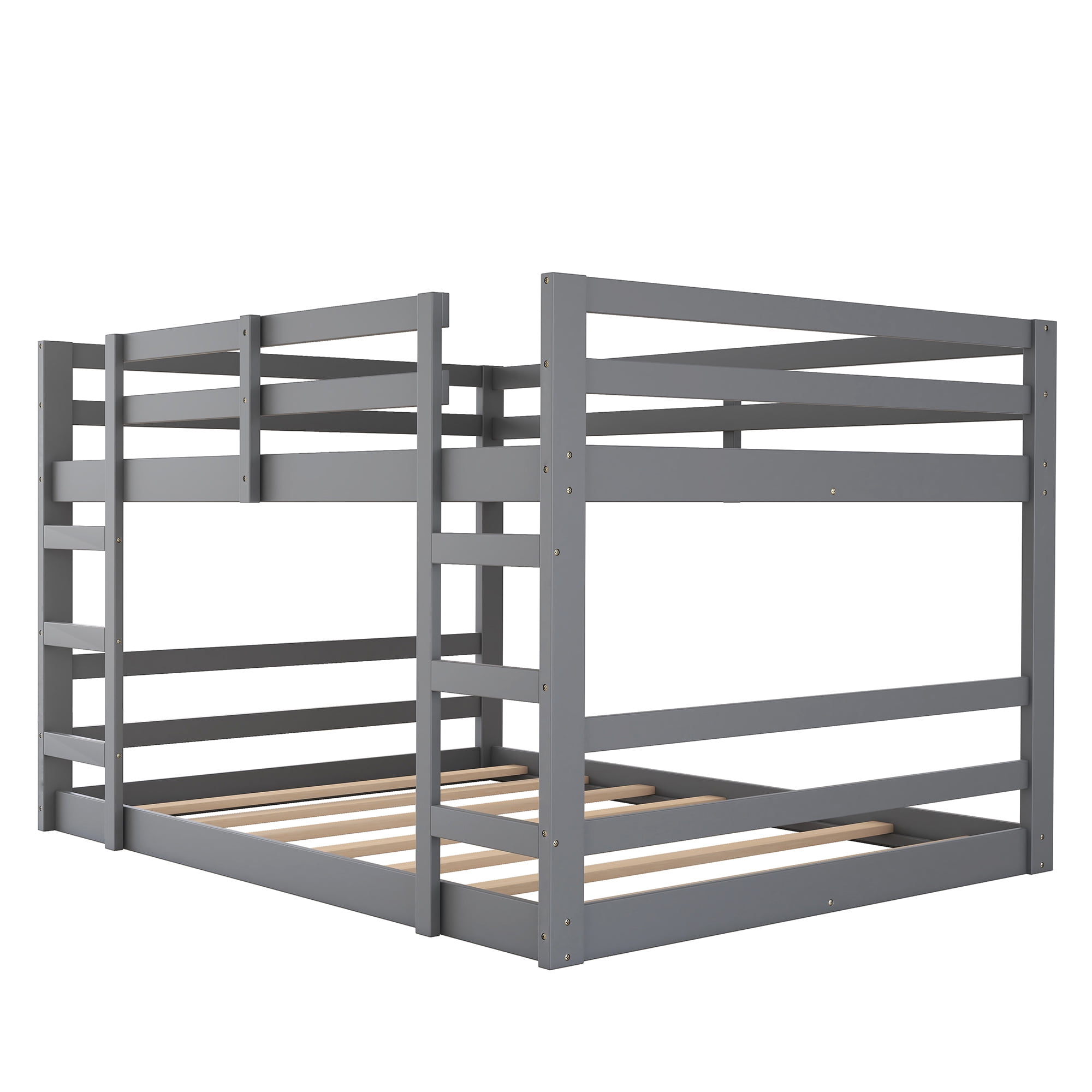 Aukfa Full Over Full Bunk Bed, Solid Wood Low Bunk Bed, Gray