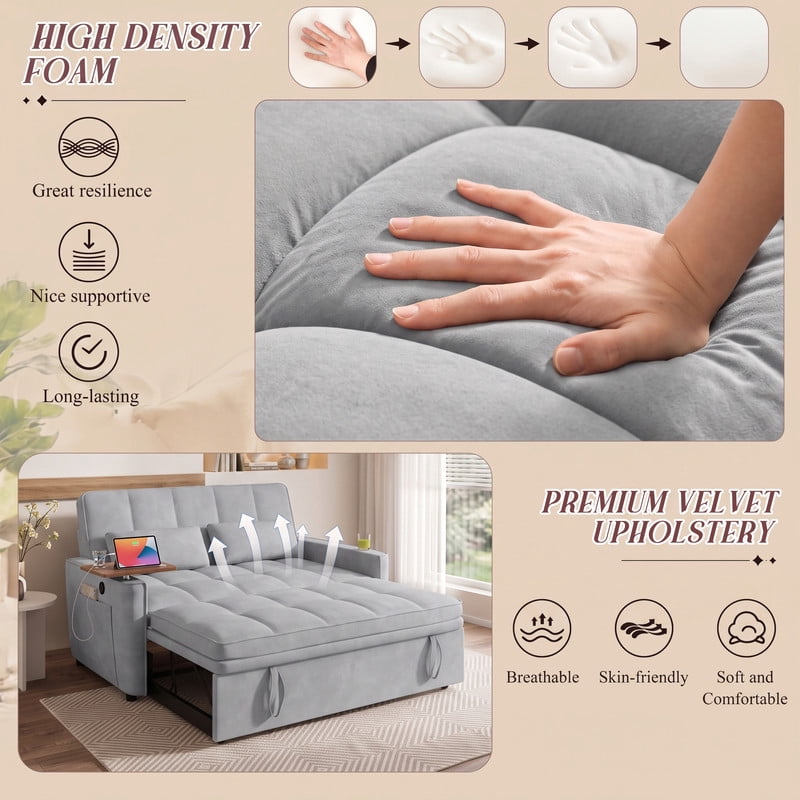 avobird 54'' Pull Out Sofa Bed, Convertible Sleeper Couch for for Living Room, Side Desk, USB Ports, Cup Hold, Velvet Fabric, Adjustable Backrest, Light Gray