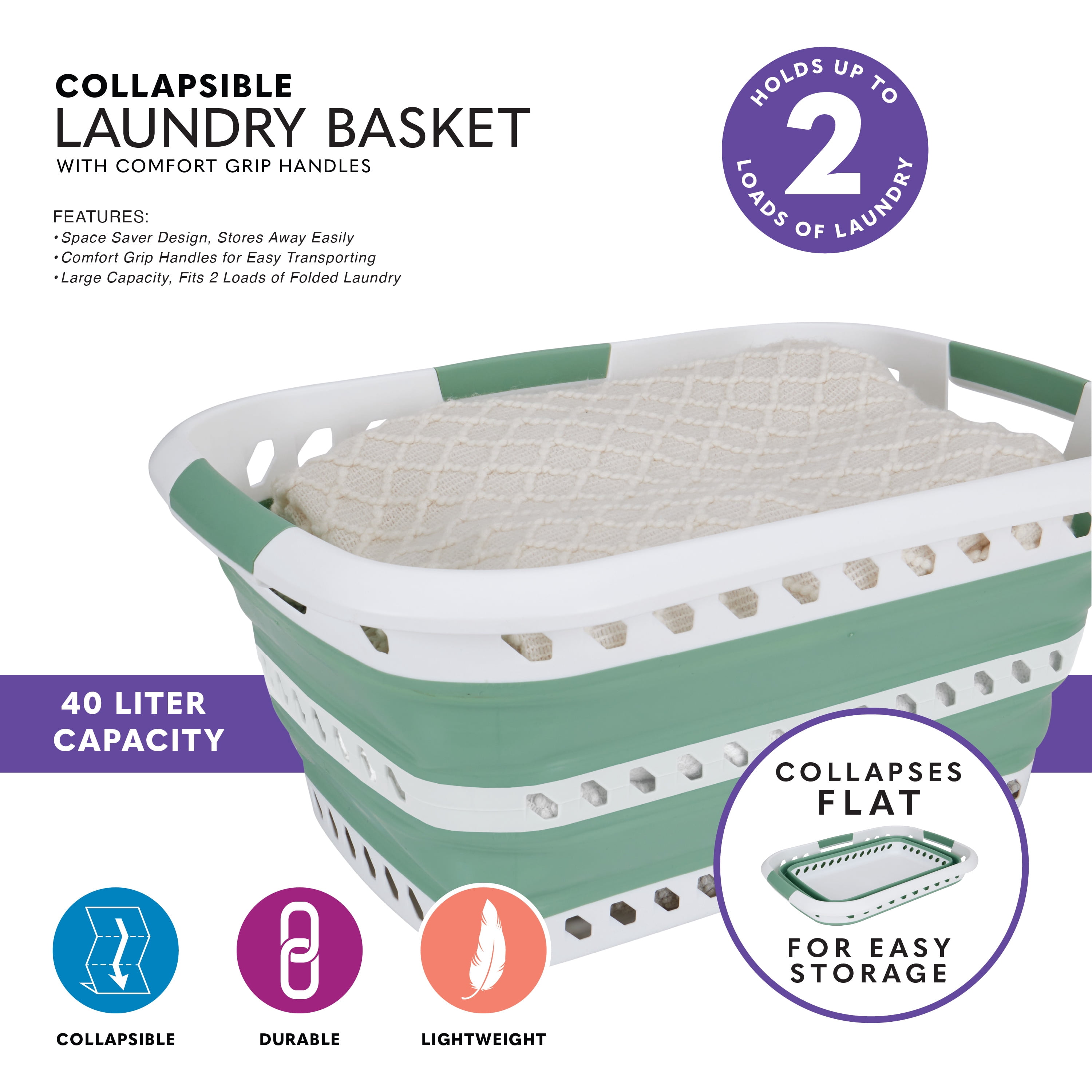 Laundry 360 Collapsible Laundry Basket in White/Sage