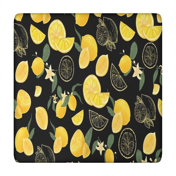 Yellow Lemon Fruit Slices Black Pattern Square Fitted Tablecloth with Elastic Edge,Square Table Cover,Washable Elastic Table Cover for Home Kitchen Party Decor 34"x34"