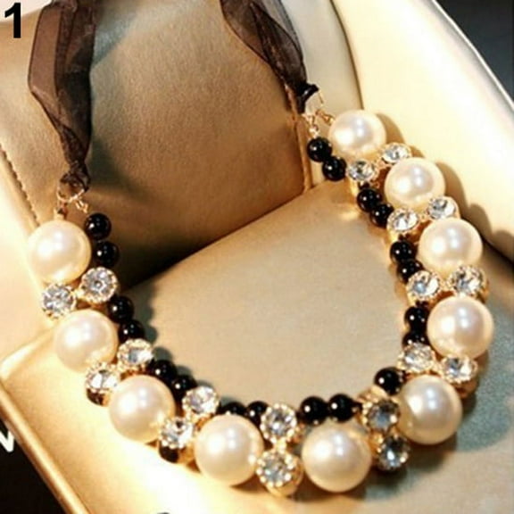 Grandest Birch Women Double Row Faux Pearl Adjustable Ribbon Chain Choker Necklace Alloy, Faux Pearl, Rhinestone Multi-color