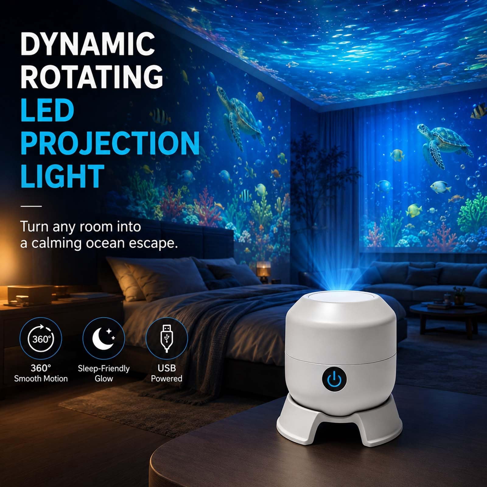 Ocean Projector Night Light, HD 360° Rotating Starry Sky Lamp for Bedroom, Adjustable Angle USB Powered Projector for Relaxation, Meditation & Home Decor