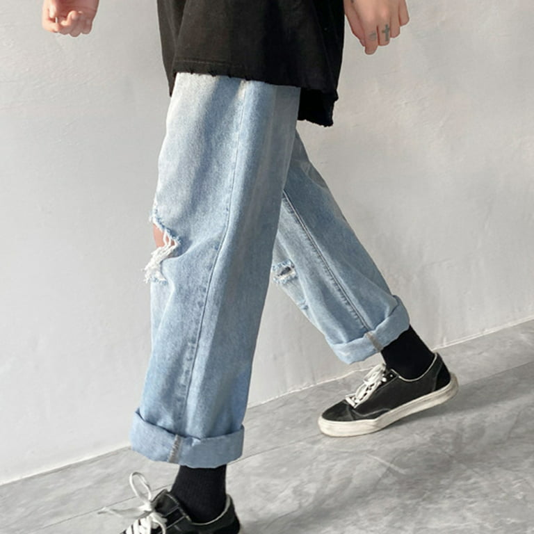 xiuh casual pants men's fashion plus-size loose jeans street wide leg  trousers pants baggy pants blue xxxl 