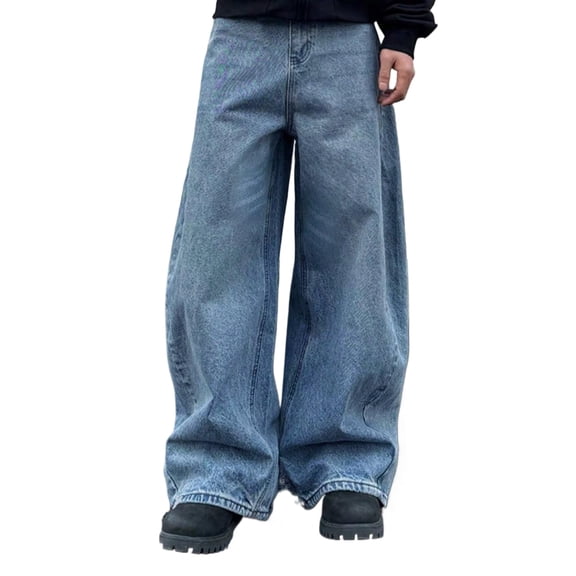 Reppunk Men’s Light Wash Baggy Wide Leg Denim Jeans, Relaxed Loose Fit High Waist Denim Pants, Business Casual Versatile Office Daily Straight Trousers