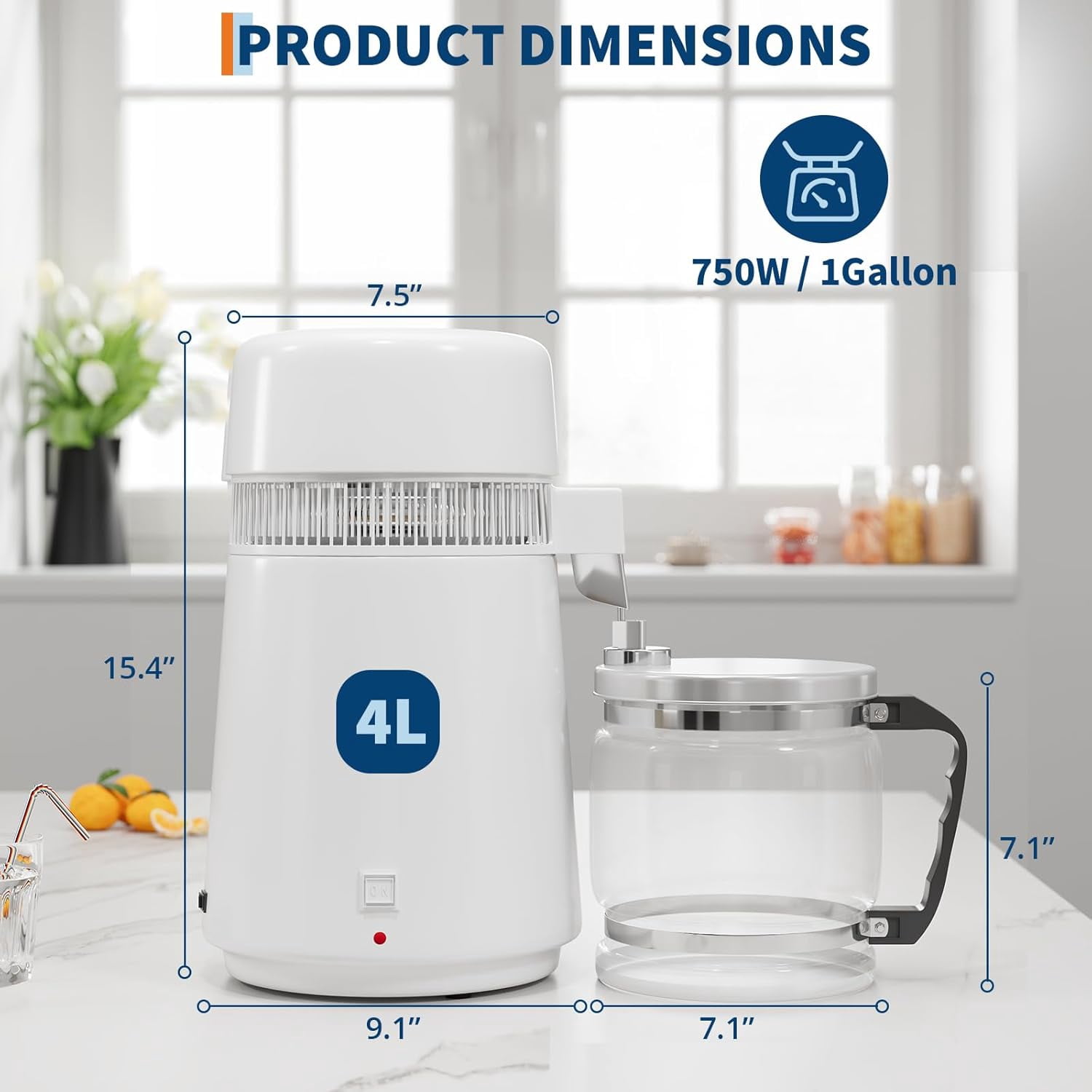 OUTGOODS Countertop Water Distiller 1Gal/4L-6L, 750W-900W, Stainless Steel, White Plastic/Glass