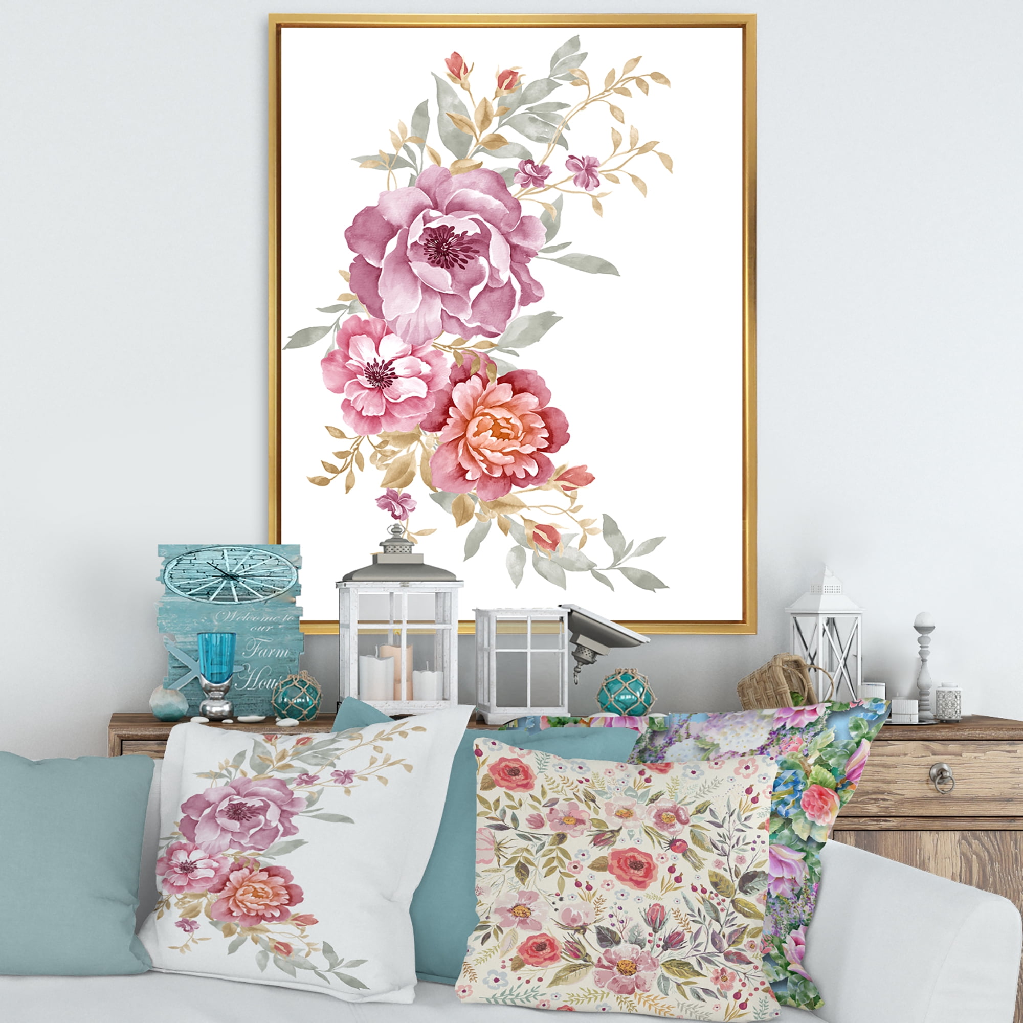 Designart 'Bouquet of Purple and Pink Flowers III' Farmhouse Framed Canvas Wall Art Print