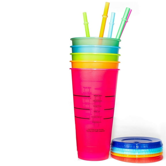 24 OZ Clear Reusable Plastic Cups, 5 Pack Plastic Tumblers with Lids and Straws, Color Changing Cups for Kids Adults, Cold Party Drinking Cups
