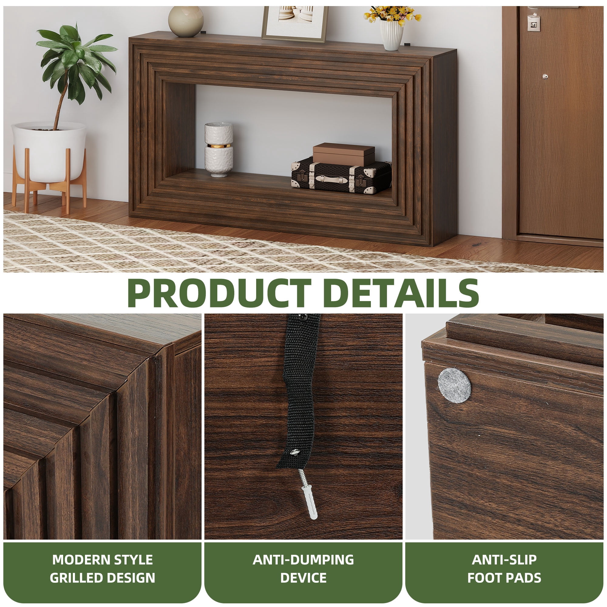 Uforic 61"W Console Table with Open Storage Shelf for Living Room,  Rustic Entryway Table, Brown