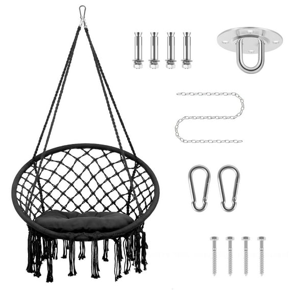 Bohemian style chaise lounge chair, hand-woven rocking chair, cotton rope handcrafted fringed hammock, with a load capacity of 330 pounds,