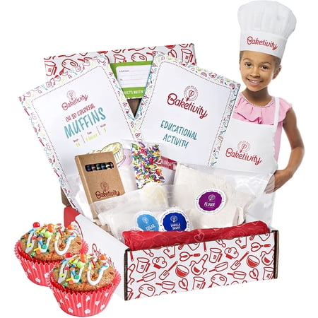 Baketivity Kids Baking DIY Activity Kit - Bake Delicious Confetti Muffins with Pre-Measured Ingredients – Best Gift Idea for Boys and Girls Ages 6-12 – Includes Free Hat and Apron