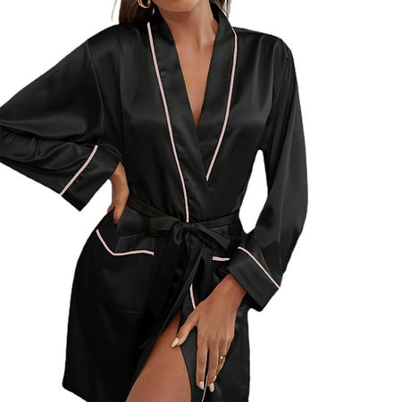 

Hanerdun Women Robes Female Long Sleeve Bathrobe Sleepwear Nightwear Black XL