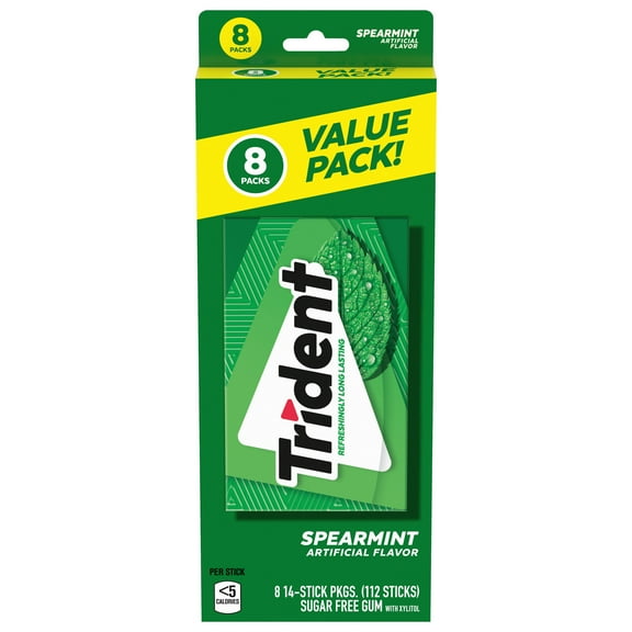 Trident Spearmint Sugar Free Gum, Value Pack, 8 Packs of 14 Pieces (112 Regular Size Pieces)