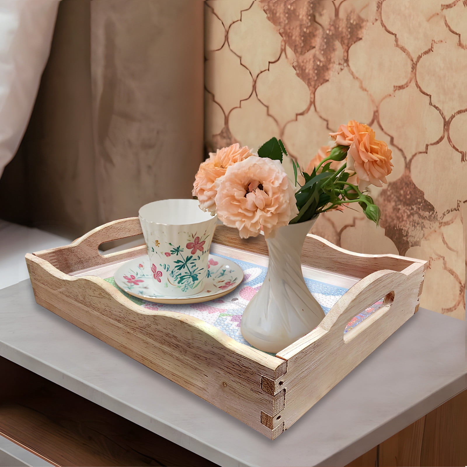 FLOPESN 2Pcs Easter Bunny DIY Diamond Art PaintingTray, Creative Design Handmade Wooden Dinner Plate For Kitchen、Coffee Shop