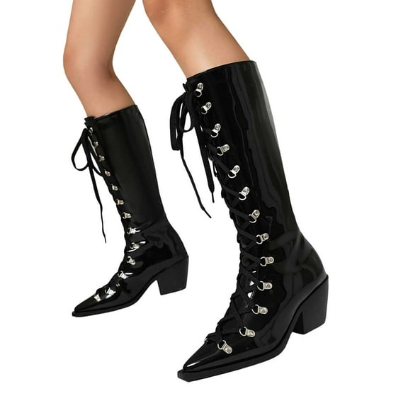 Mid Calf Combat Boots for Women Vintage Medieval Leather Lace up Pointed Toe Strappy Chunky Heel Knee High Tall Boots Black