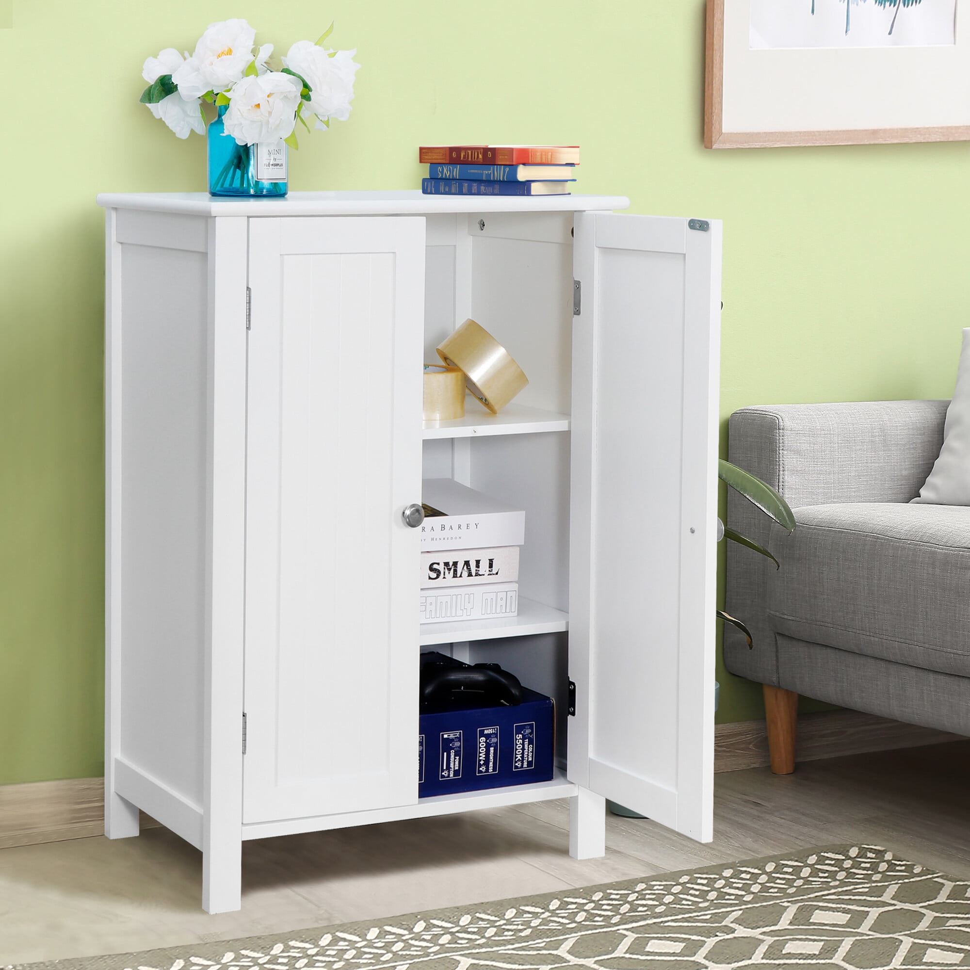 HomGarden 2-Door Bathroom Floor Storage Cabinet Side Cupboard W/ Adjustable Shelves, 11.8'' W, White