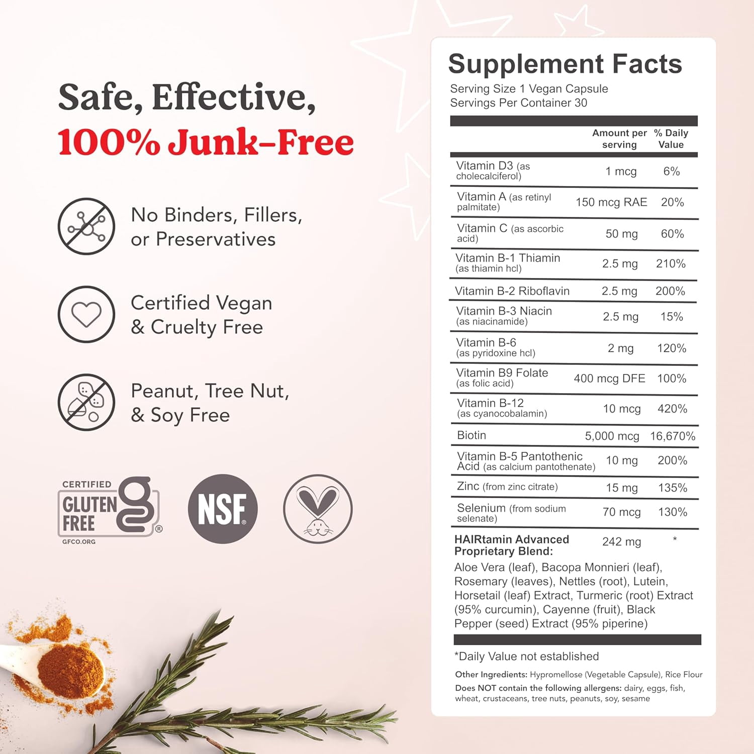 HAIRtamin Advanced Formula Supplement for Hair Health, with Biotin, Vitamins & Antioxidants, 100% Vegan – For Women & Men, 3-Month Supply
