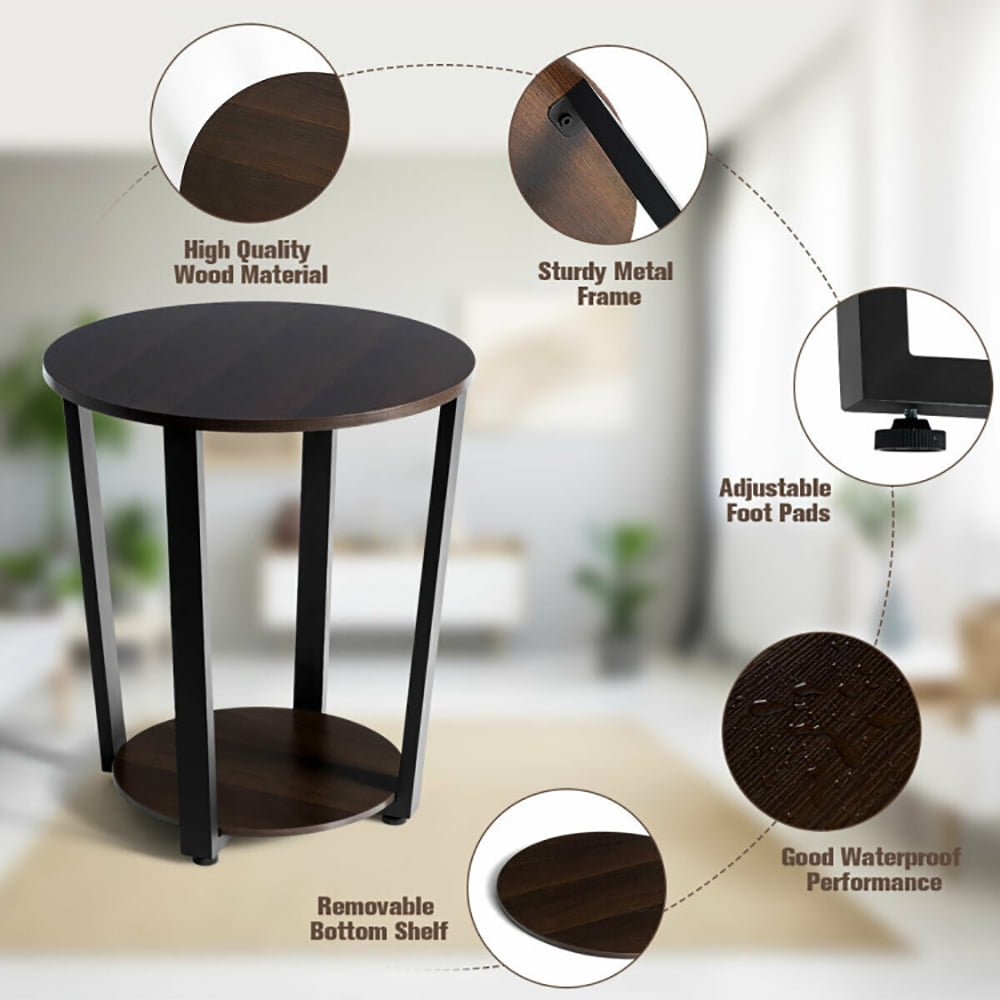 Finihen Round End Table, 2-tier Round End Table with Storage Shelf & Metal Frame, for Living Room, Bedroom, Walnut Finihen Round End Table, 2-tier Round End Table with Storage Shelf & Metal Frame, for Living Room, Bedroom, Walnut