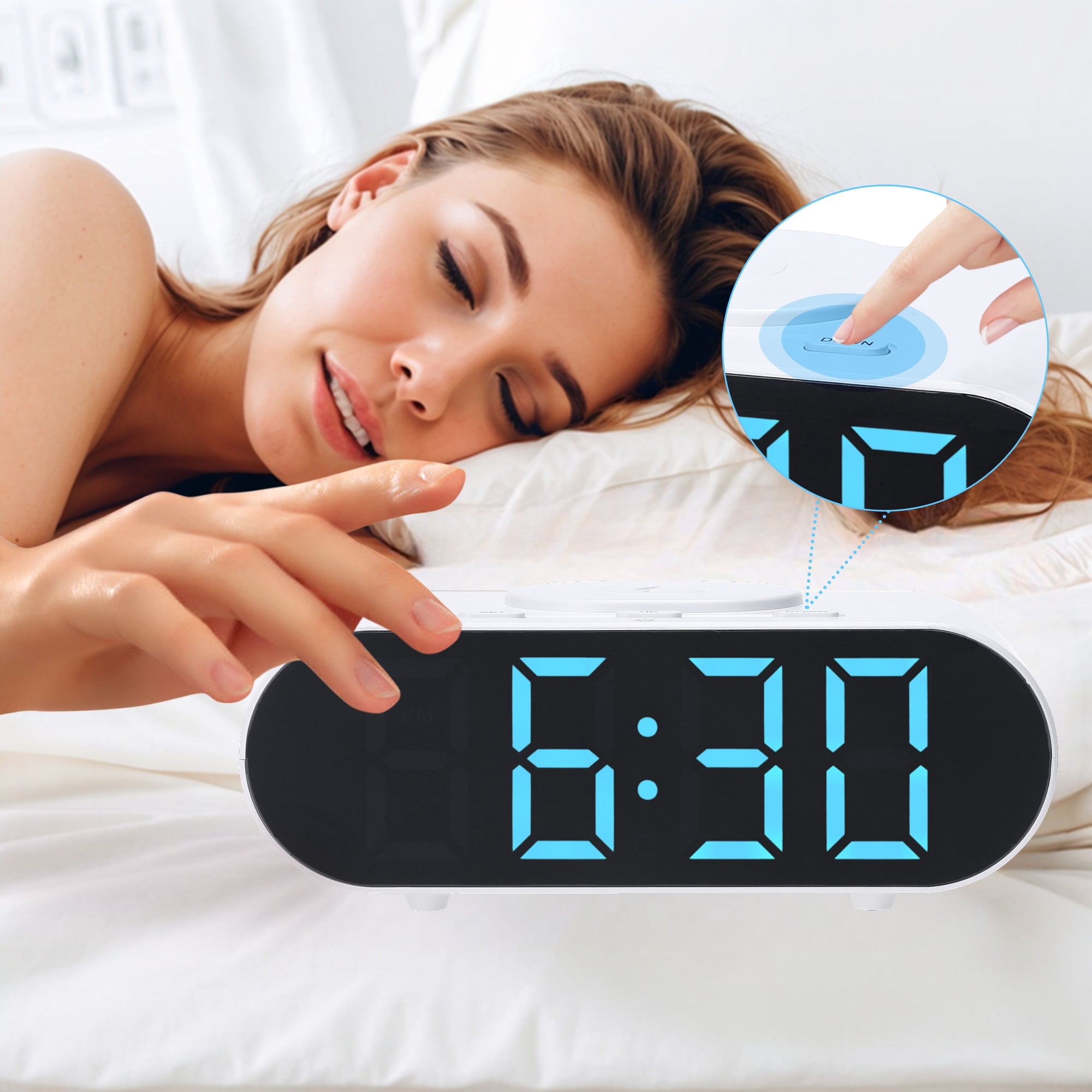 REGALWOVEN Oval Alarm Clock with Nightlight, Dimmable, 12/24H,USB Port, Wireless Charging, Decorate for Bedroom 7.1 x 3.1 x 2.4 inch Blue