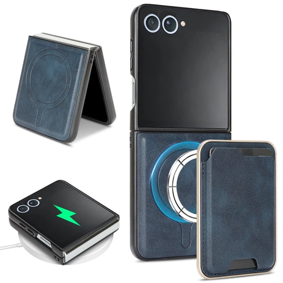 2 In 1 Functuon Case for Samsung Galaxy Z Flip 8, PU Leather Detachable Magnetic Card Bag, Support Magnetic Wireless Charger, Shockproof Protective Lightweight Cover for Galaxy Z Flip 8, Blue