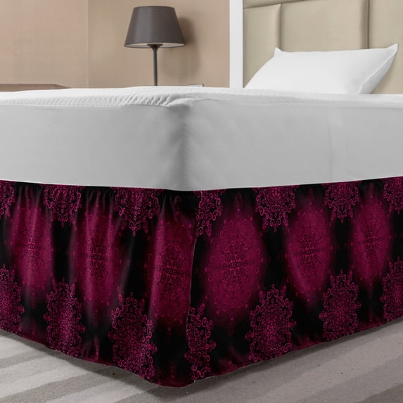 Purple Mandala Bed Skirt, Psychedelic Digital with Baroque Rococo Indie Design, Elastic Bedskirt Dust Ruffle Wrap Around for Bedding Decor, 4 Sizes, Maroon Magenta, by Ambesonne