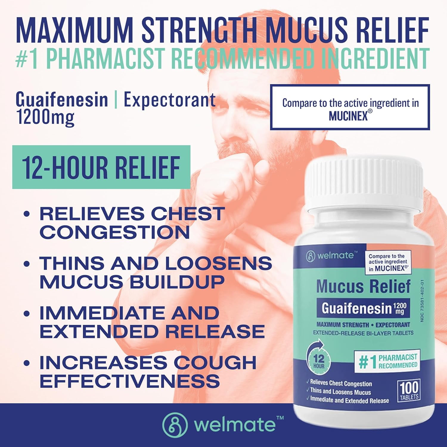 WELMATE Cough Medicine Mucus Relief Guaifenesin 1200 mg Expectorant Tablets, 100 Count