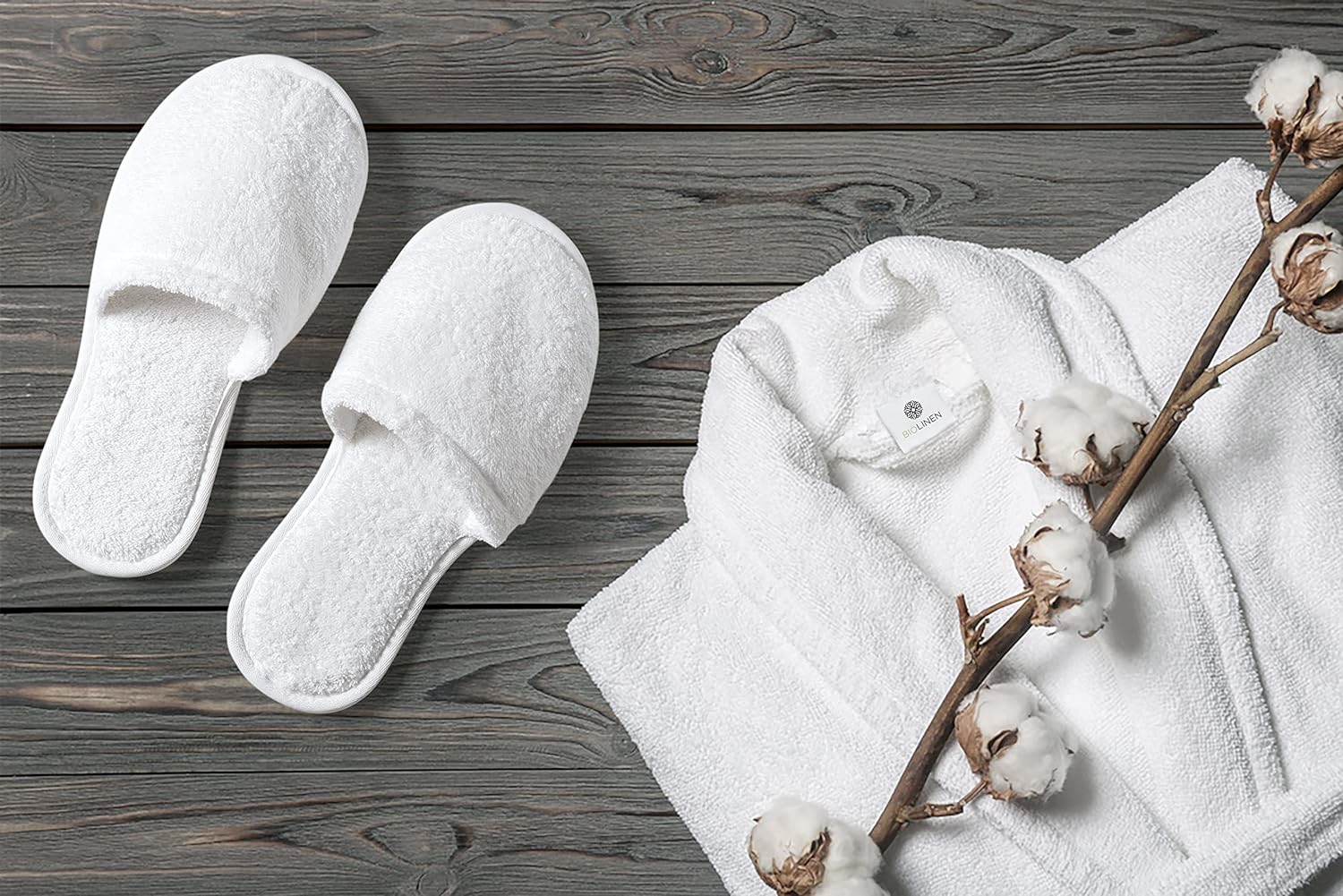 BIOLINEN Premium 100% Cotton Terry Bath Robe with Shawl Collar and FREE Slippers - Unisex Spa Robe for Men & Women, Soft and Absorbent