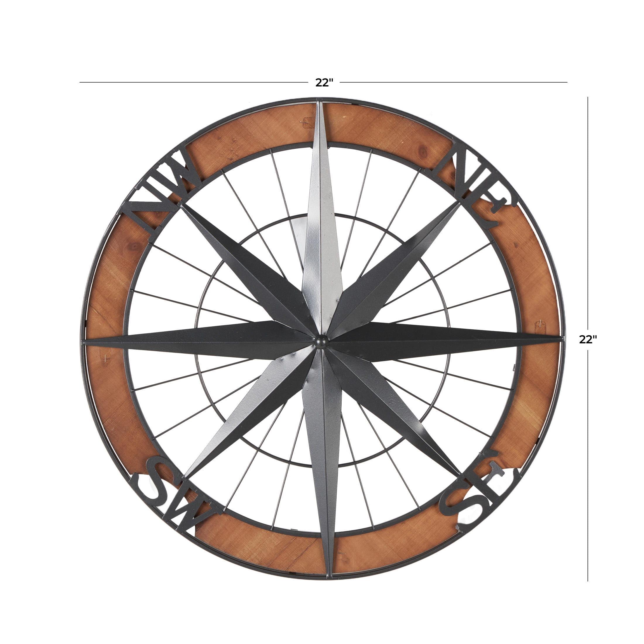 DecMode Gray Metal Compass Wall Decor with Wood Frame